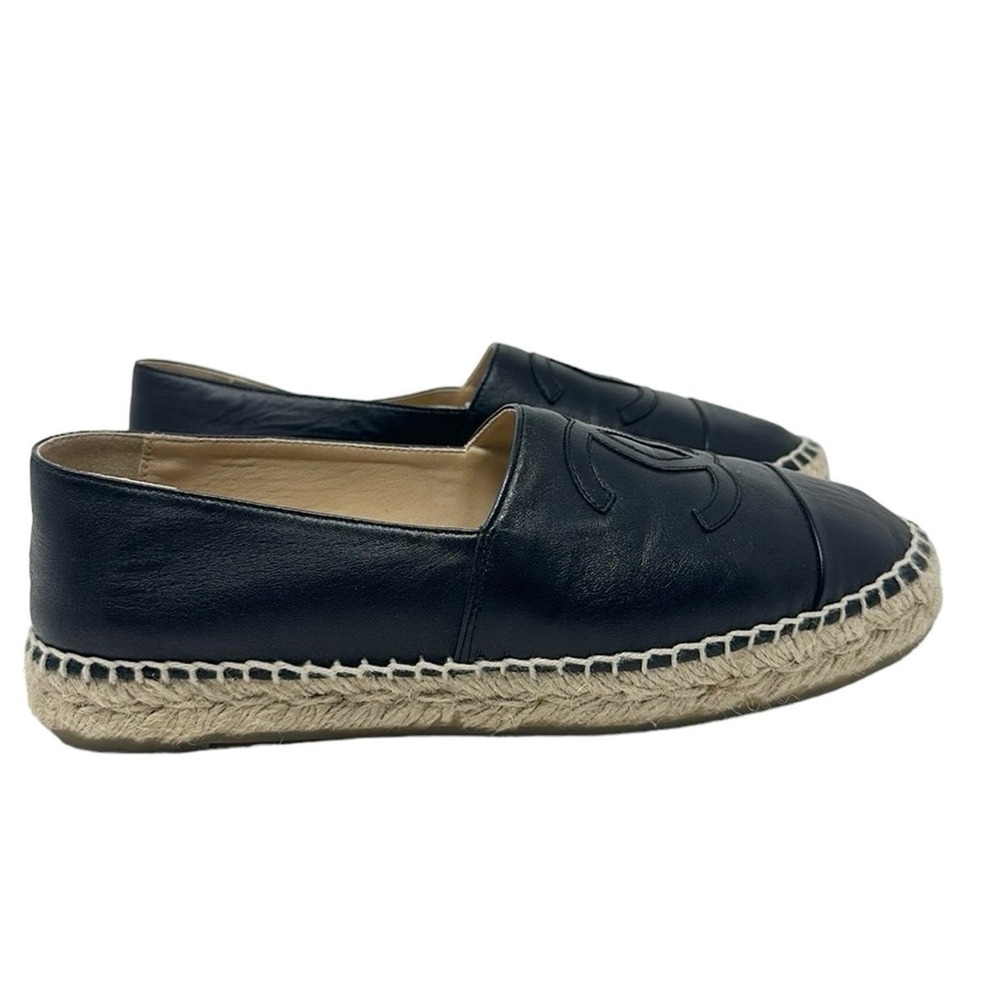 Chanel Black Espadrilles Leather Round Toe Slip On Shoes